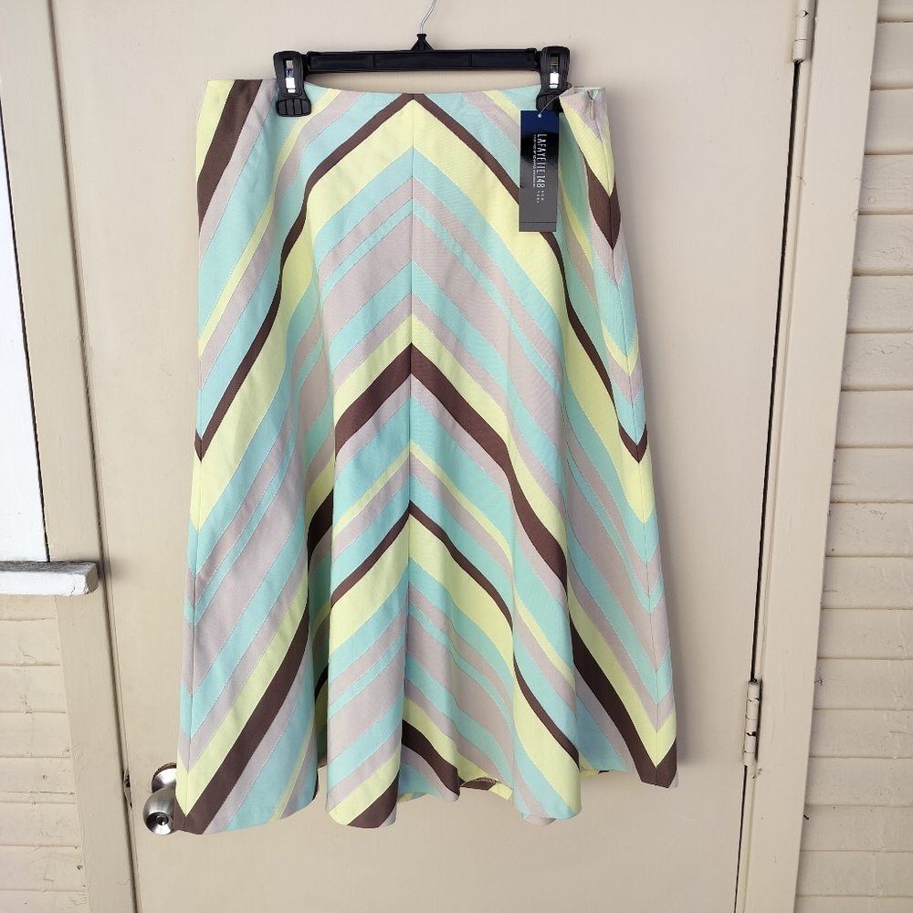 NWT Lafayette 148 New York Pastel Green Brown Chevron A-Line Knee‎ Length Skirt